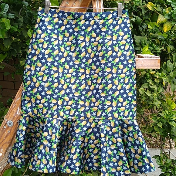 J. Crew Dresses & Skirts - J.Crew Ruffle Pencil Skirt Lined Navy w/Lemons 6